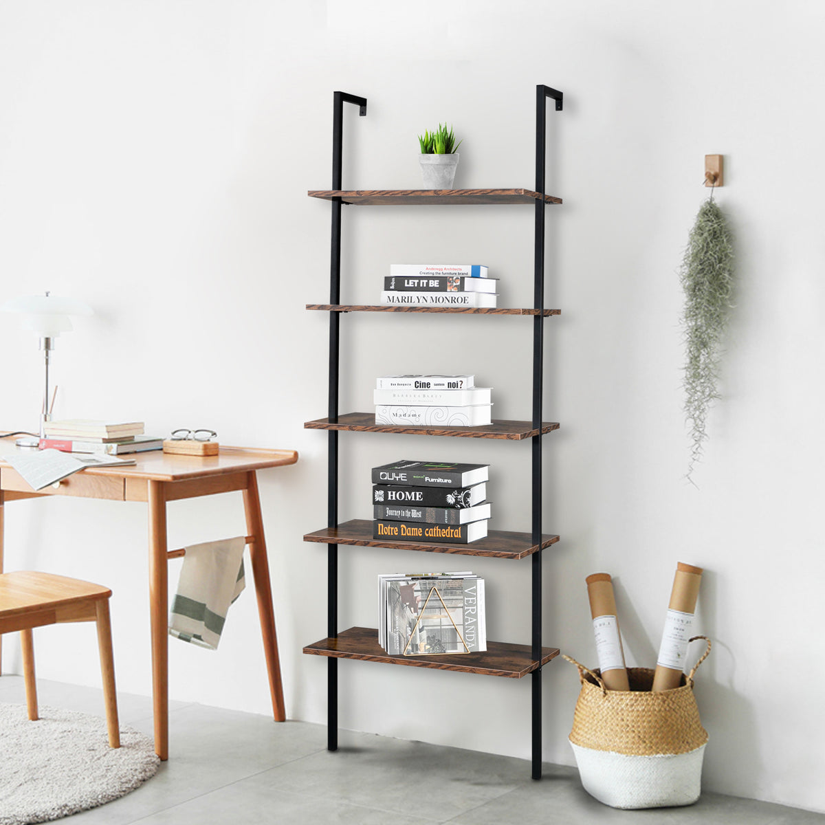 5-Tier Ladder Bookshelf styled with books and plants