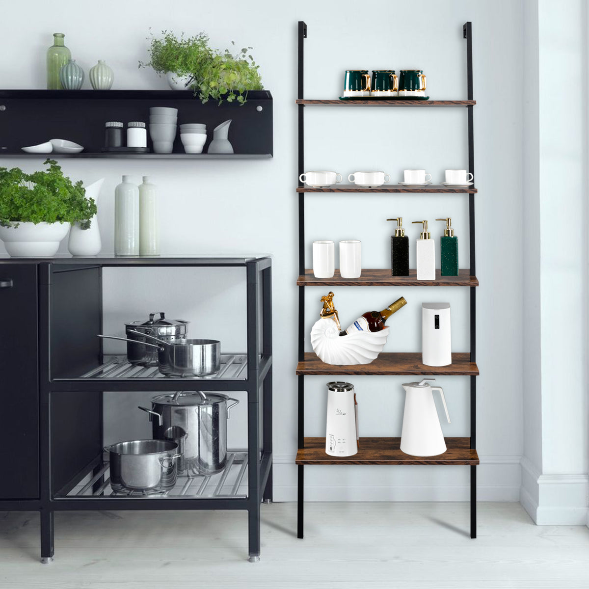 5-Tier Ladder Bookshelf styled with books and plants