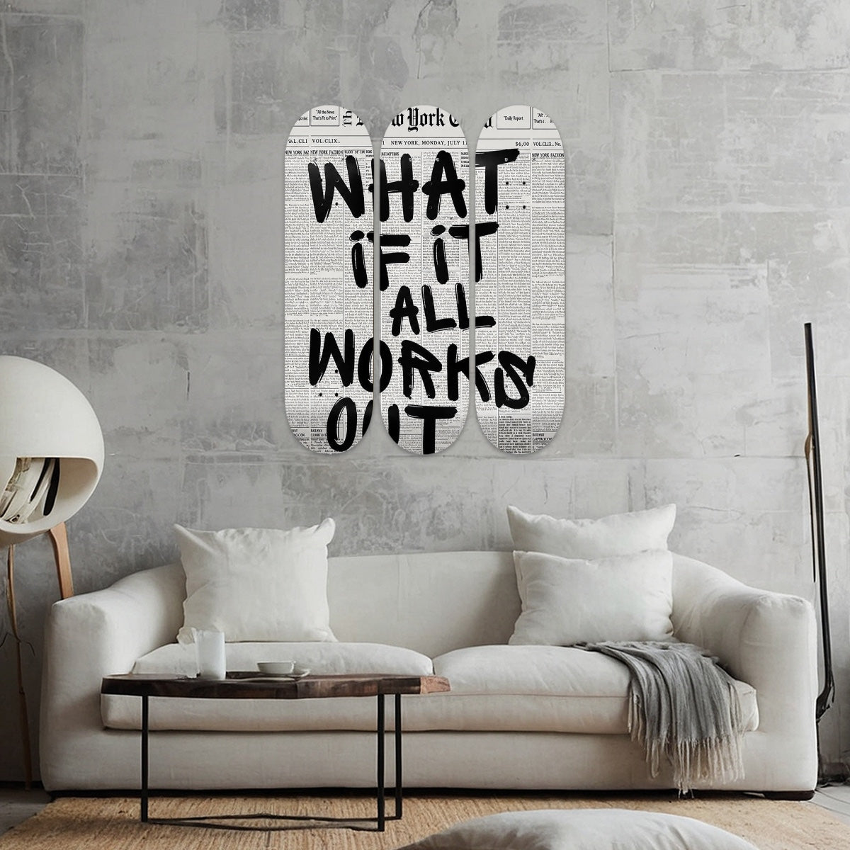 3-Panel Skateboard Wall Art hung on a wall