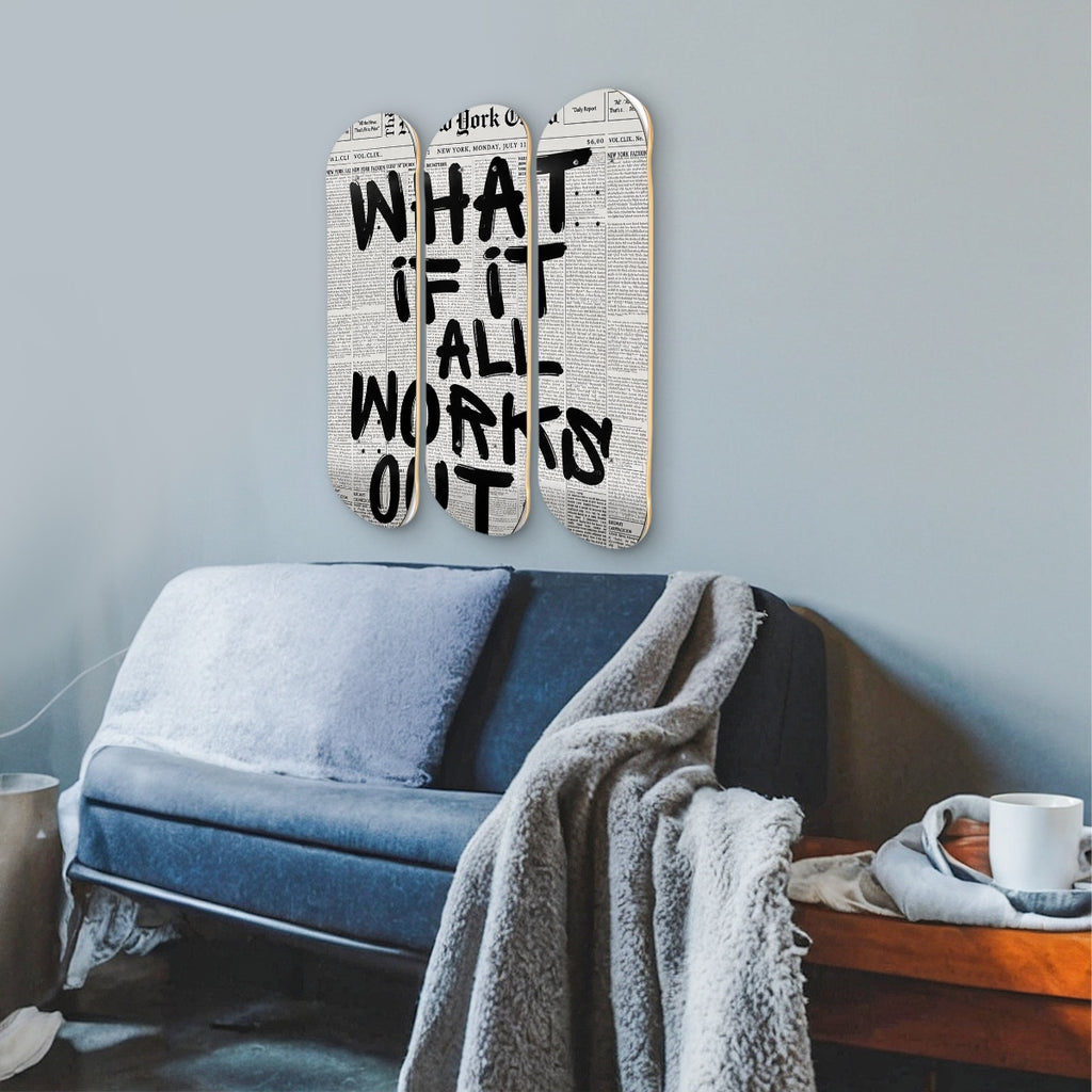 3-Panel Skateboard Wall Art hung on a wall