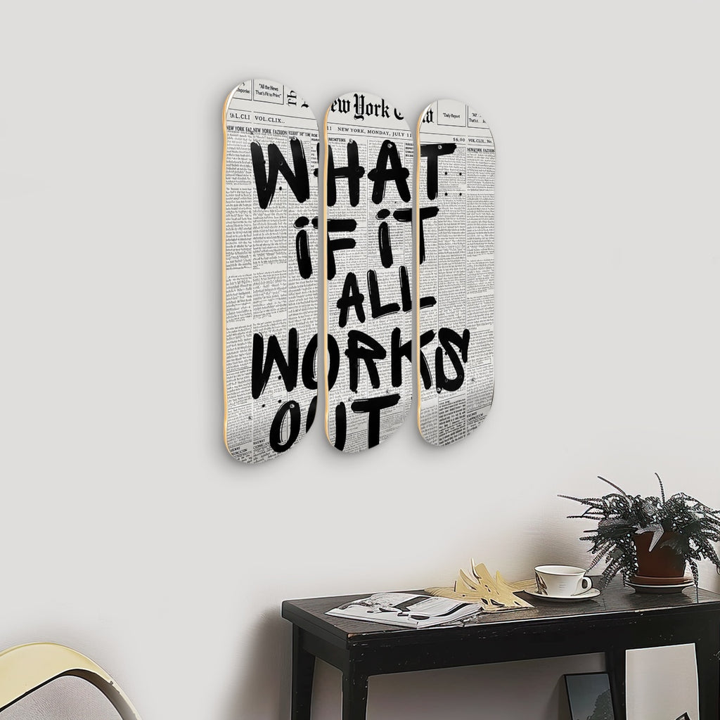 3-Panel Skateboard Wall Art hung on a wall